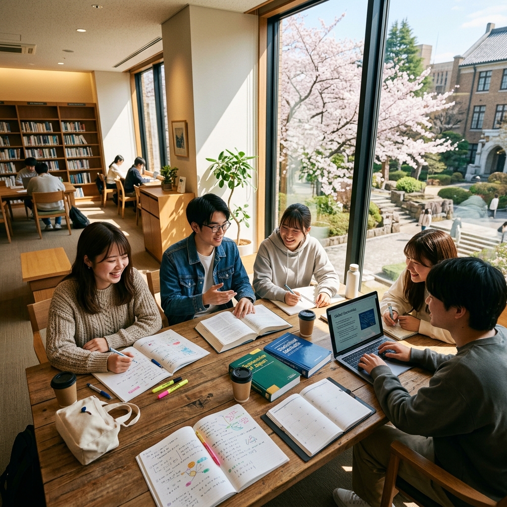 日本の大学で共に学ぶ留学生と日本人学生のイメージ